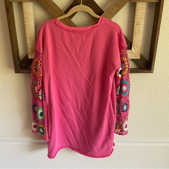 Umgee Pink Dress with Colorful Crochet Sleeves Terry Cloth Dress - Picture 7 of 7